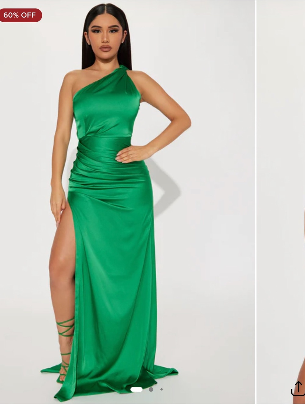 Fashion Nova One-Shoulder Green Satin Gown with High Slit
